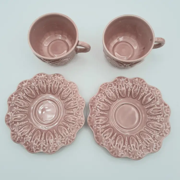 Bordallo Pinheiro Portugal Pink Bunny Rabbit Carrots Cup & Saucer Set of 2