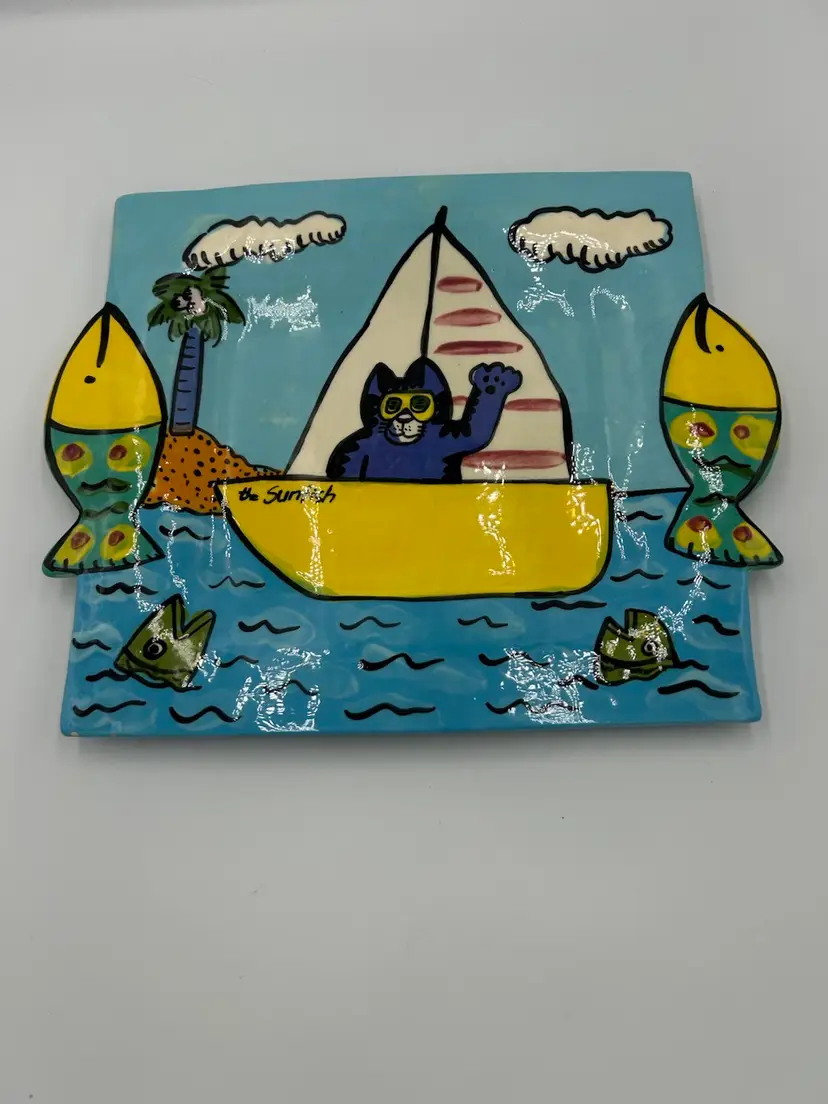 Cat In Sailboat Platter With Handles Artist Signed