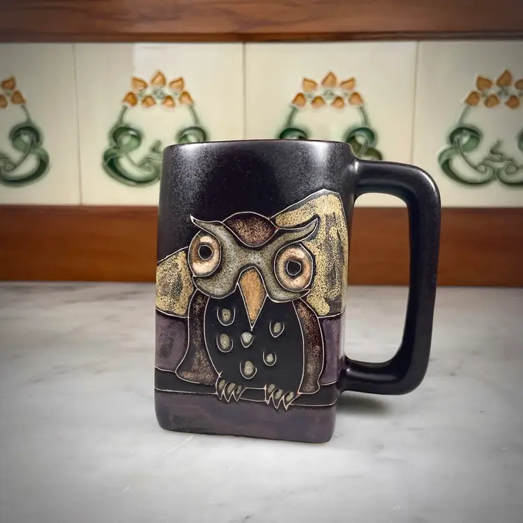 Designs By Mara Art Pottery Mexico Stoneware Night Owl Coffee Mug 14oz Signed