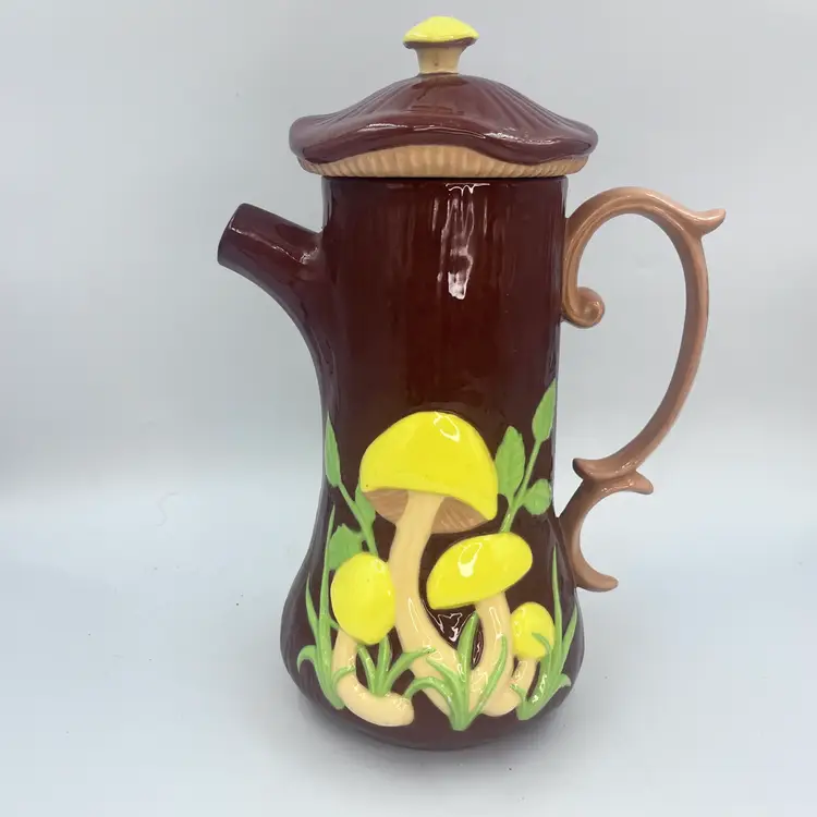 Vintage Mushroom Coffee Pot - Retro 19970s Brown and Yellow Ceramic