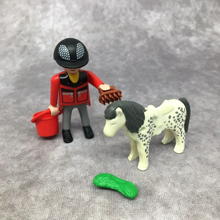 Playmobil Pony Groomer - Figure, Grass, Bucket, Brush, Pony- Read Description