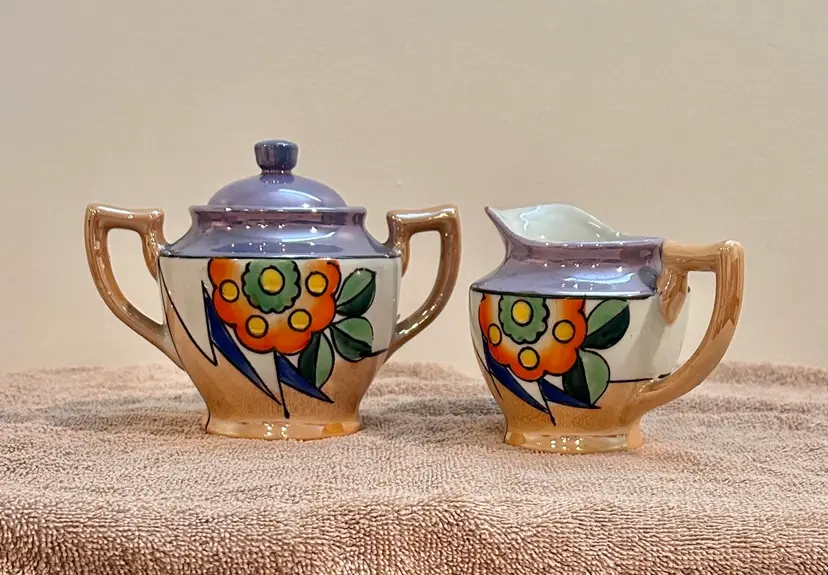 Vtg Lusterware Creamer & Sugar Pearlescent Hand Painted Eclectic Style Japan