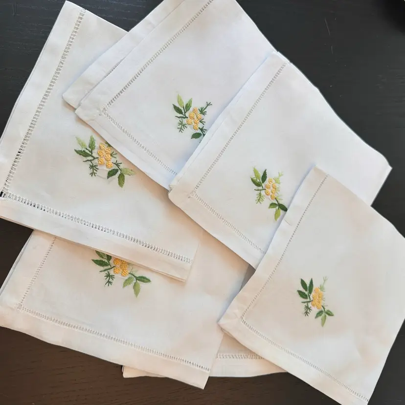 Vintage 16" Hand-Embroidered Linen Napkins with Hemstitching - Set of 6