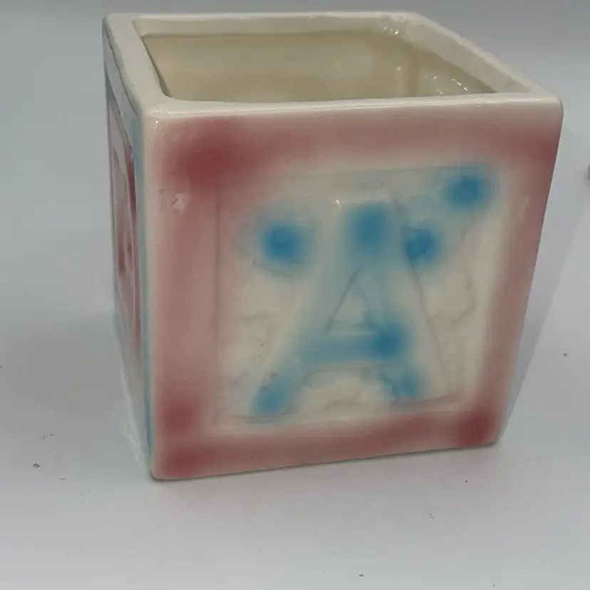 Vintage MCM 1950's Baby ABC Block Glazed Ceramic Pink Blue Planter MY-ARDCO