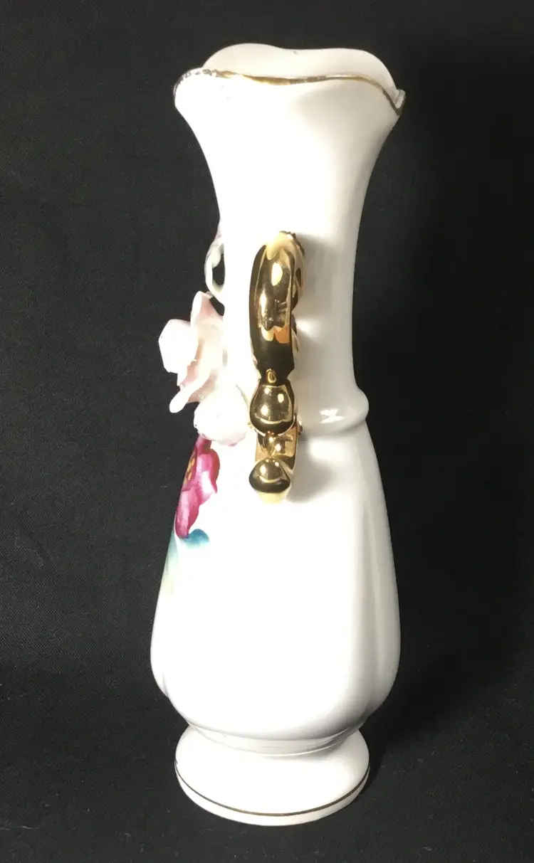 Vintage Ucago small bud vase, Japan 6" hand painted w/ applied rose and leaves