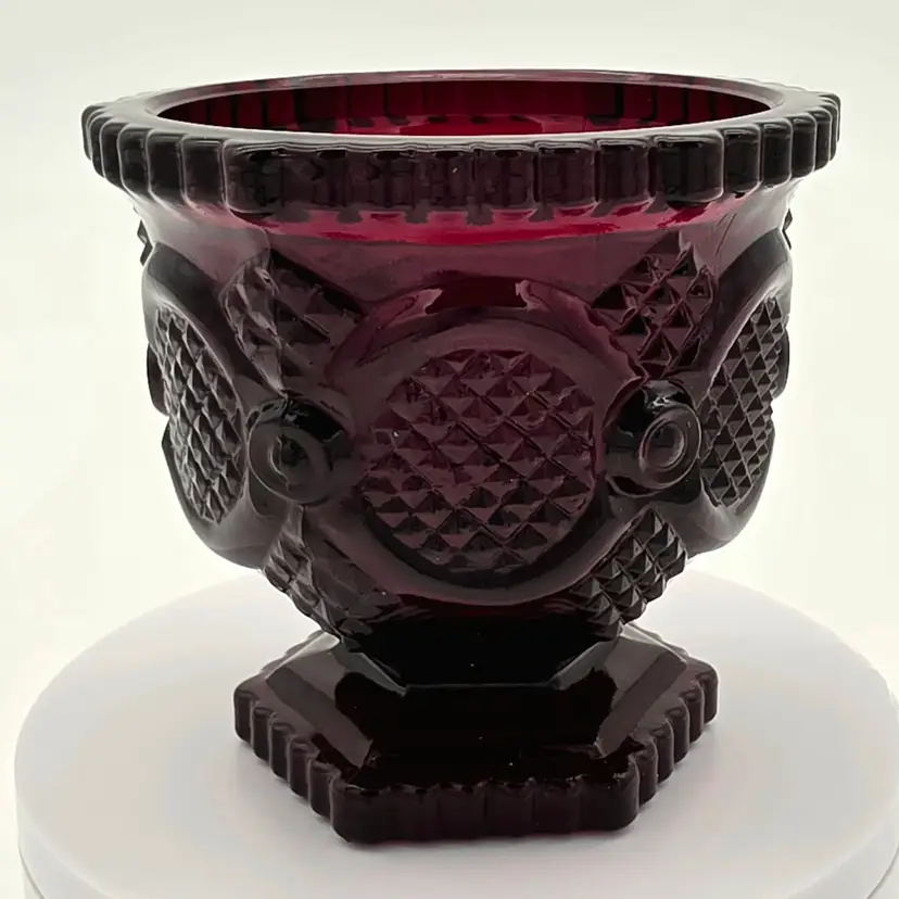 Avon 1876 Cape Cod Ruby Red Glass Candle Holder | Roman Rosette Pressed Glass | 2.75" Pedestal Votive Dish