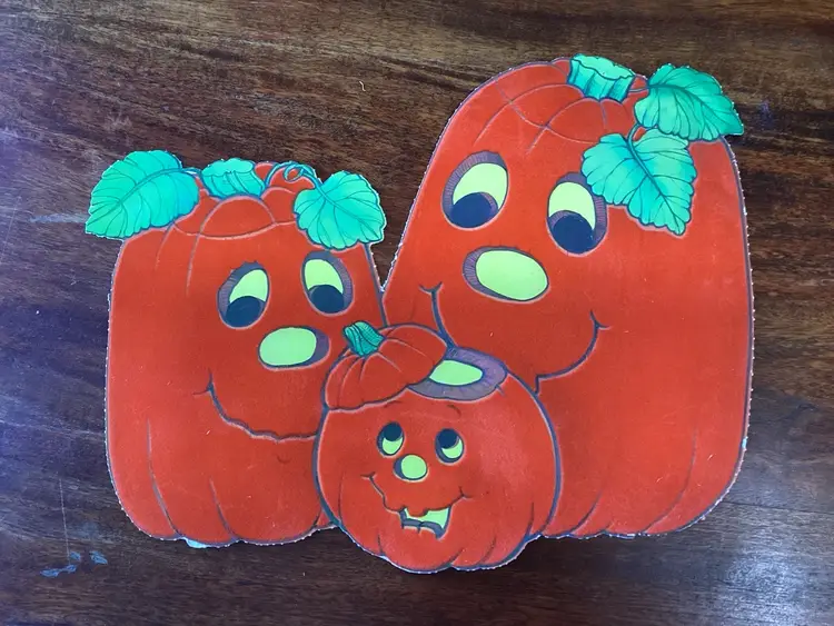 Vintage Flocked Die Cut Pumpkins, USA, 1970s, 10.5 X 13.5-Some Wear