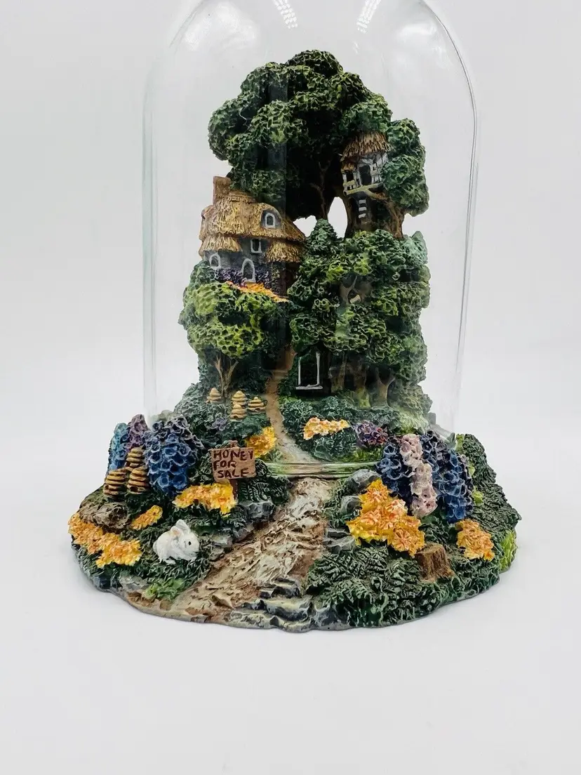 Franklin Mint Glass Dome Honey Hill Cottage Figurine Hand-Painted Home Decor