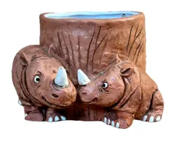 Vintage Rhinoceros Ceramic Planter Funny Whimsical Safari Unique Eclectic