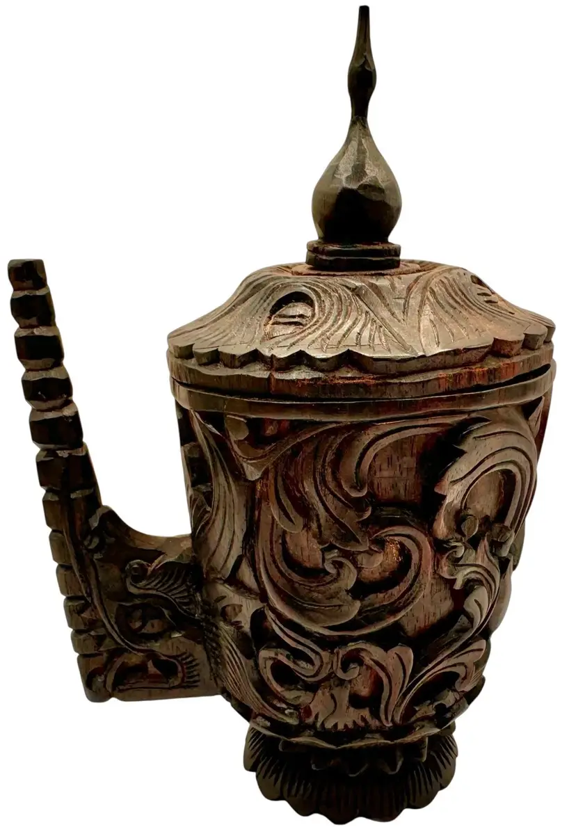 Hand Carved Ebony Wood Lidded Box Cup Vessel Goddess Woman Rhino Handle 6.75”