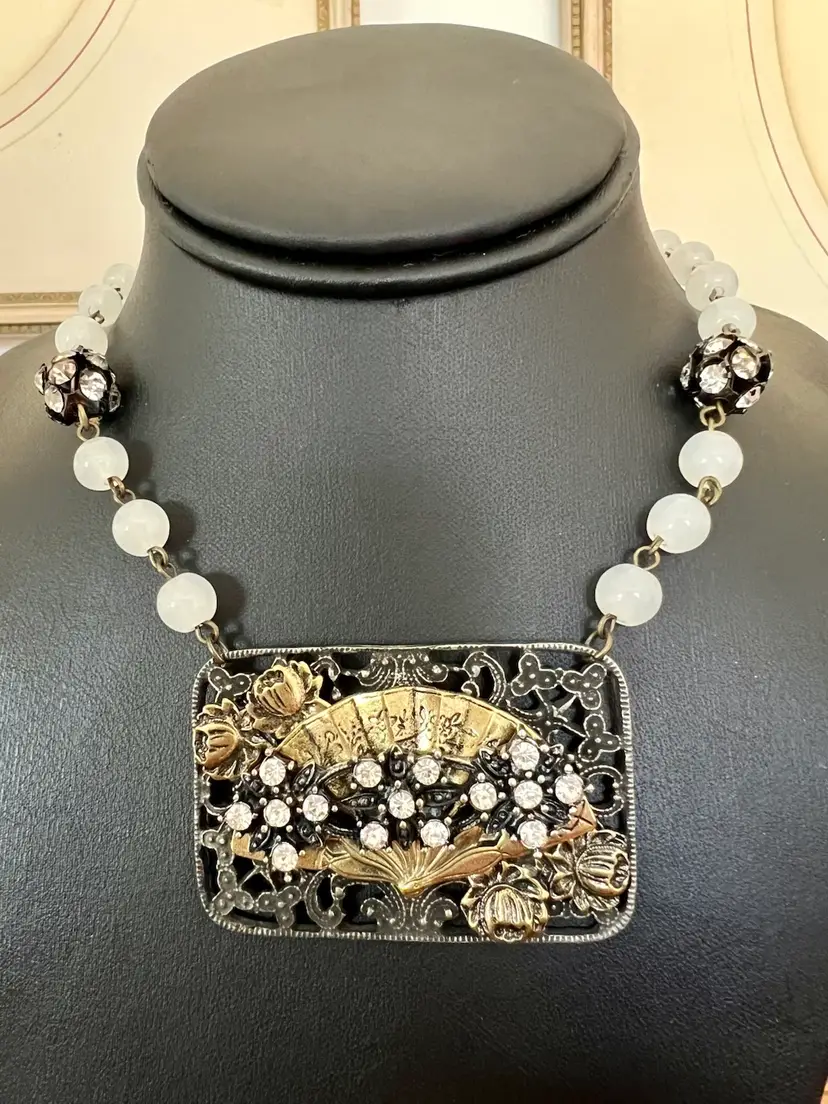 Vintage Filigree Japanese Fan Flowers Frost Glass Beads Metal Rhinestone Necklace #A-8