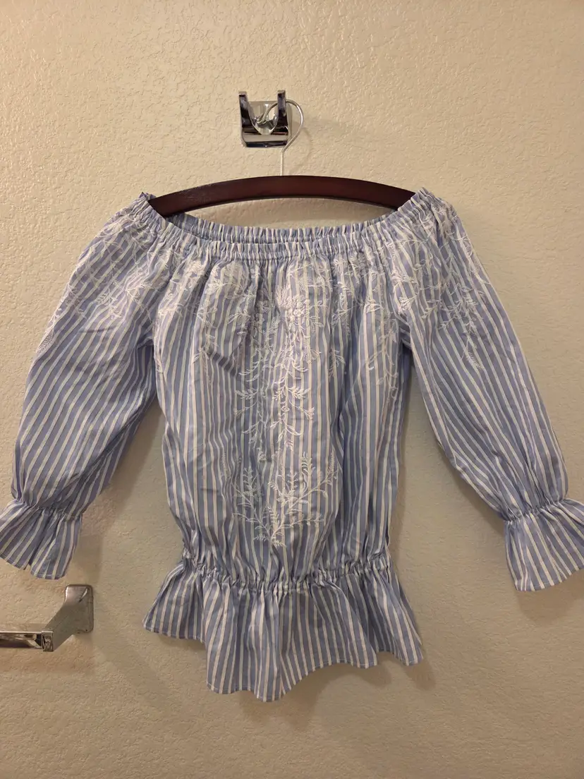 NWOT White House Black Market Ladies XXSP Blue and White Striped Embroidered Off Shoulder Blouse