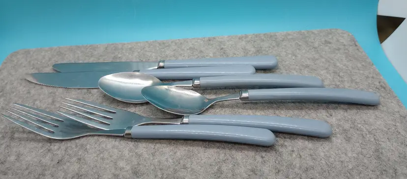 Mid-Century Lot Of 6 Vintage Blue Handled Flatware Silverware Imperial Stainless