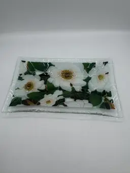 Peggy Karr Fused Glass Magnolia Blossoms Rectangular Tray - Signed