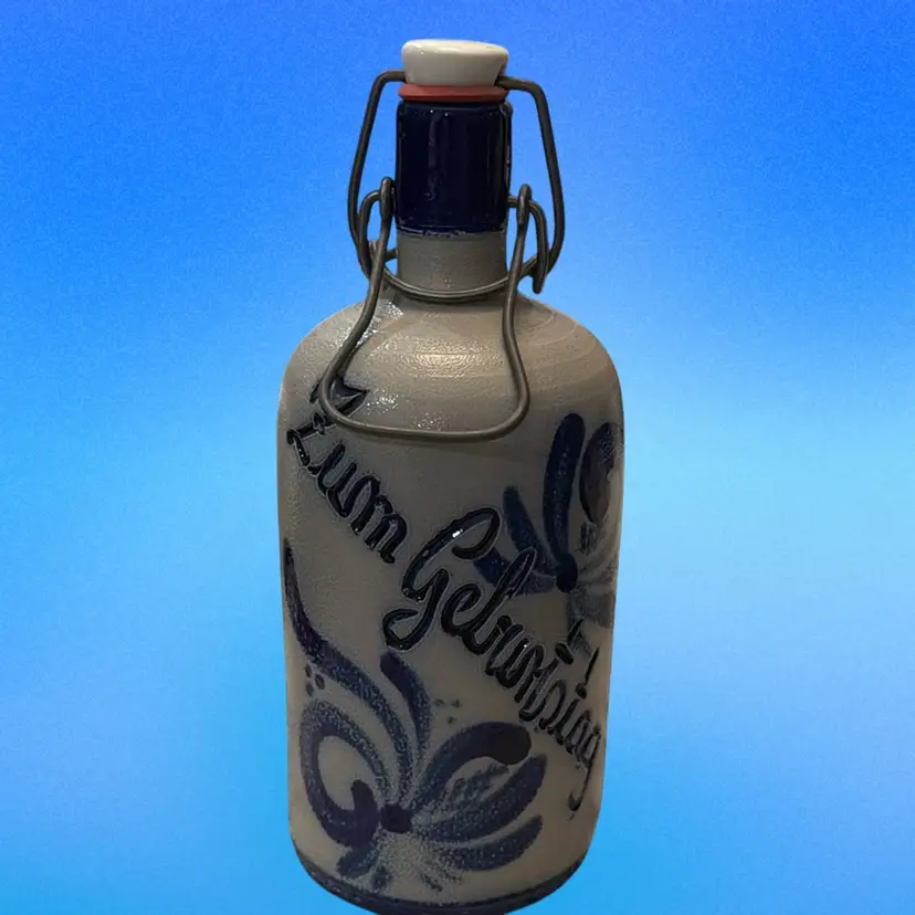 Vintage Salt Glazed Stoneware Lidded Bottle/ Decanter Cobalt Design - Germany