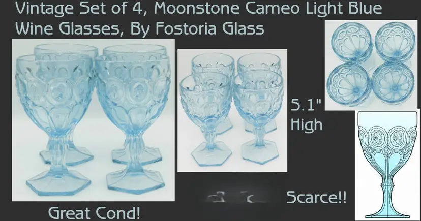 Vintage Fostoria MOONSTONE CAMEO Light Blue Wine Glasses, Set of 4, Scarce Version!