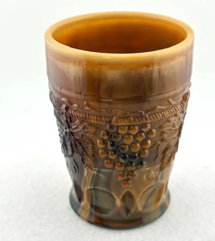 Vintage Chocolate Slag Glass St. Clair Tumbler - Rare Piece - Grape Design 4" Tall