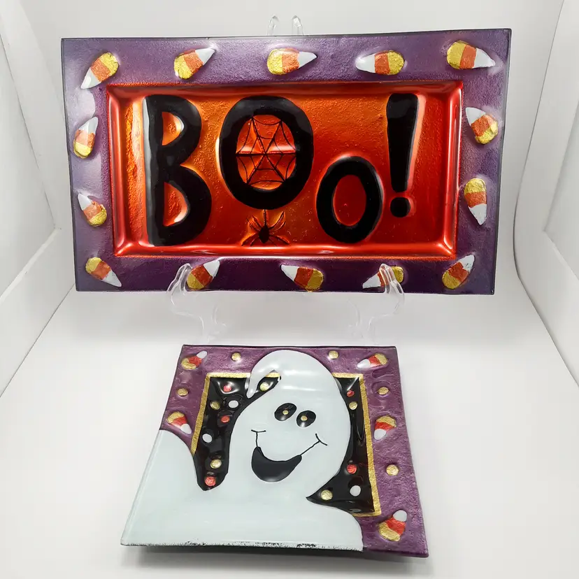 Halloween Fused Glass Serving Plates Set of 2 Boo Ghost Candy Corn Spider for Sullivans