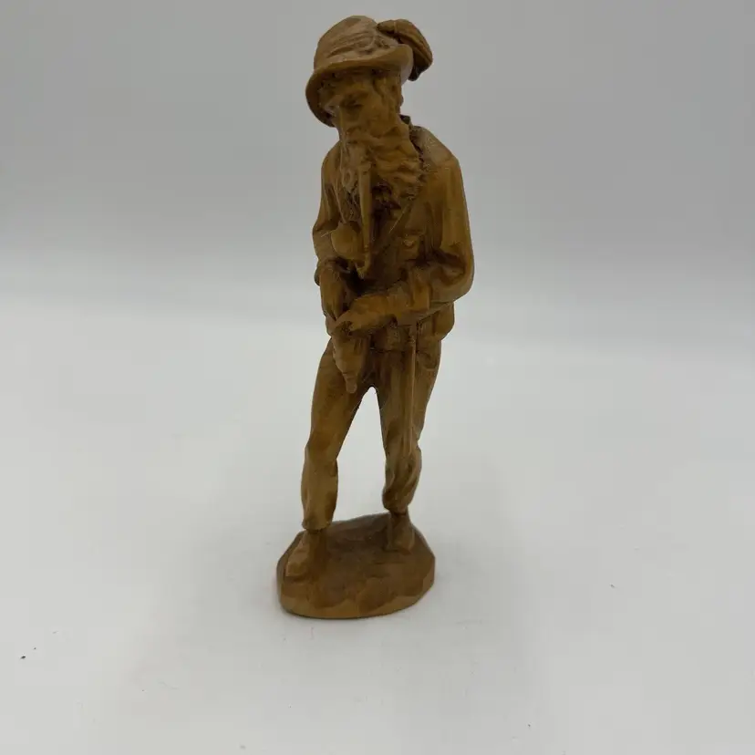 Carved Wooden Old Man With Pipe Figurine 6.5” Vintage Folk Art Handmade