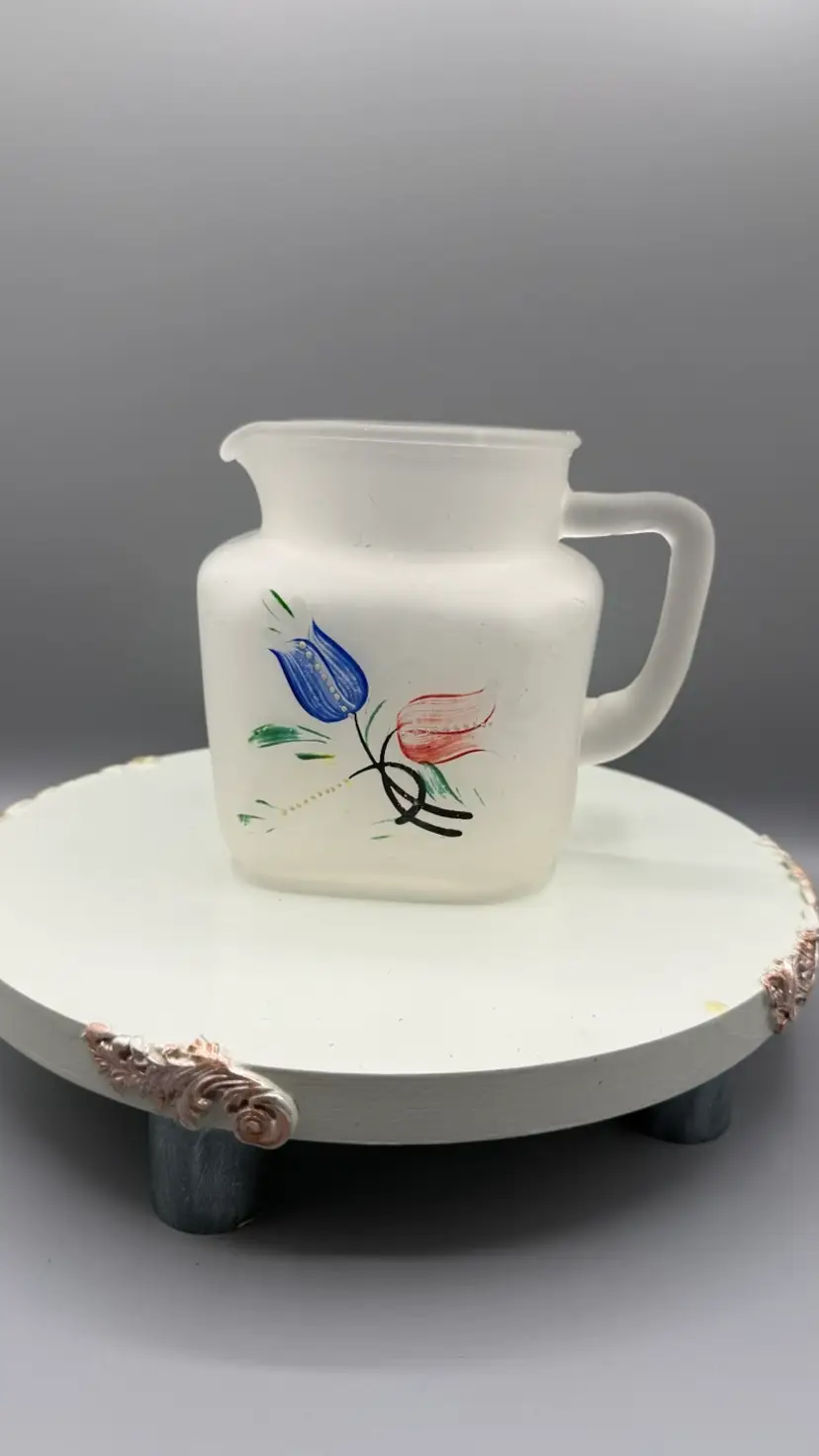 Vintage Hazel Atlas Frosted Glass Juice Pitcher Hand-Painted Tulips MCM 1950s