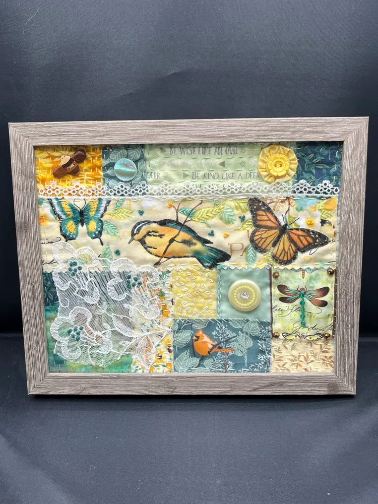 Made By Me Hand Sewn and Embroidered Fabric Collage Framed Art "Birds and Butterflies"