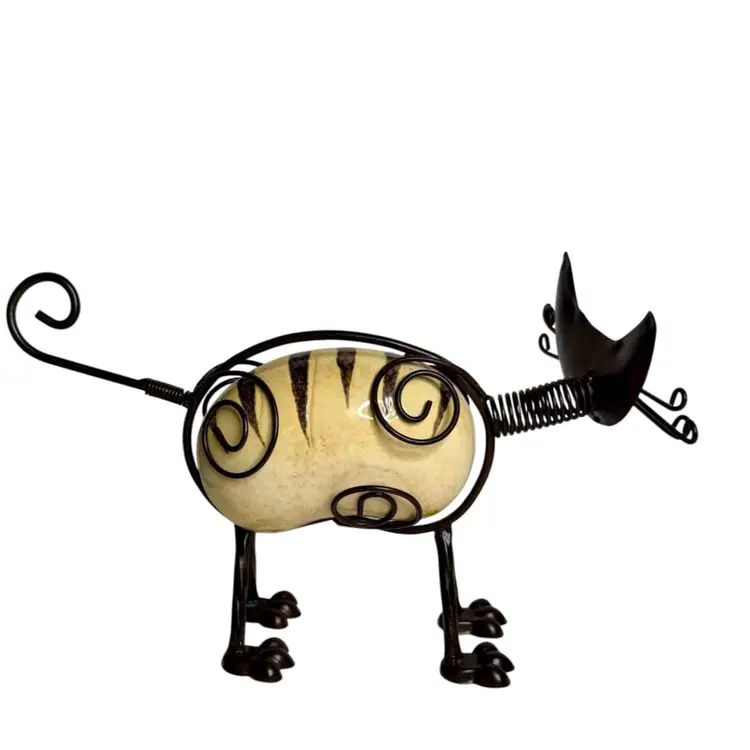 Whimsical Cat Figurine Tan Ceramic Body With Brown Stripes Brown Metal Head Tail & Legs
8” T x 12” L x 6” W