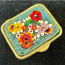 #19 Vintage Micro Mosaic Italian Gold Tone Green Trinket/Pill Box