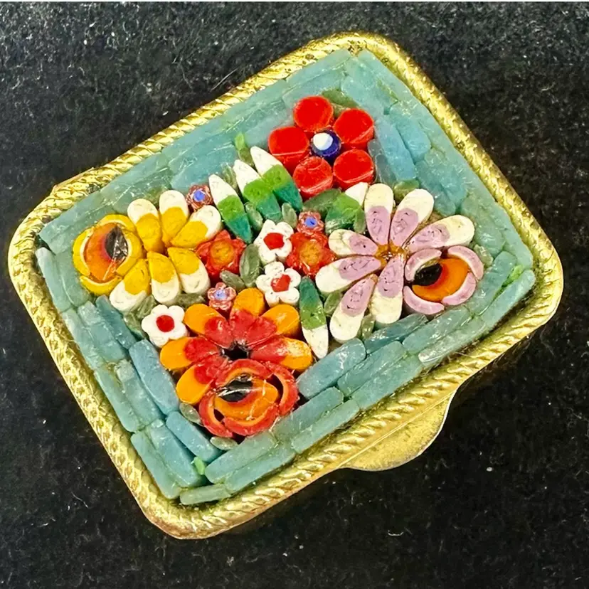 #19 Vintage Micro Mosaic Italian Gold Tone Green Trinket/Pill Box