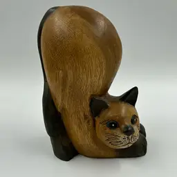 Carved Wooden Cat With Booty Up Hand Painted Blue Eyes