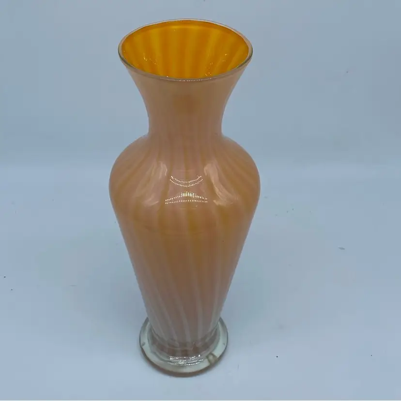#0712 Orange Opalescent Striped Optic glass vase.