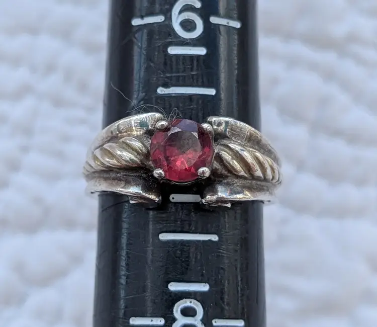 Vintage Artist Signed Sterling Silver Ring with Deep Pink Stone and Braid Detail, Size 7