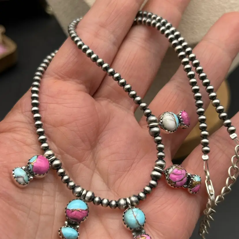 Artisan Sterling Silver Cotton Candy Turquoise Necklace | Navajo Pearl Style Beads | Adjustable 14–16 Inches