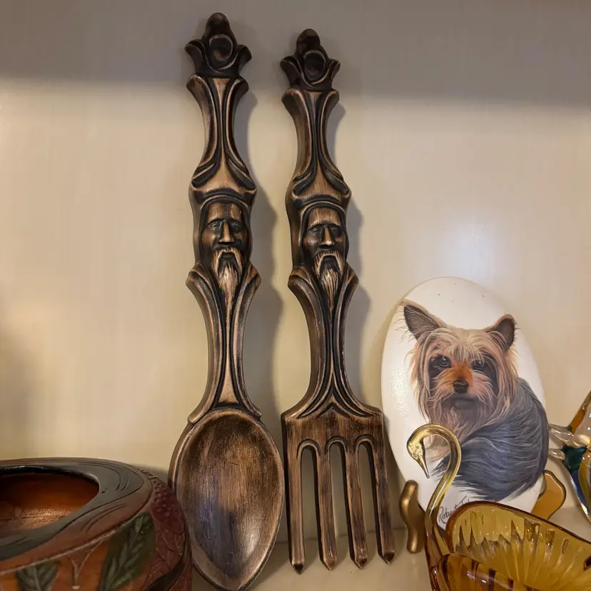 Vintage Arnels Brown Spoon Fork Set MCM Ceramic Wall Decor Bearded Face Signed