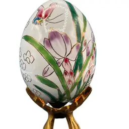 Porcelain Egg featuring Purple Orchid Gold Accents Butterflies With Stand