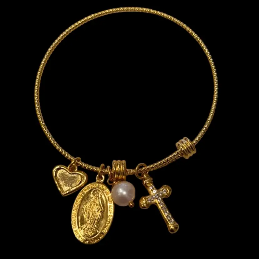 Bronzeallure 18k Gold Plated Bronze Charm Bracelet Heart, Miraculous Medal, Genuine Pearl, Cross 2.75”