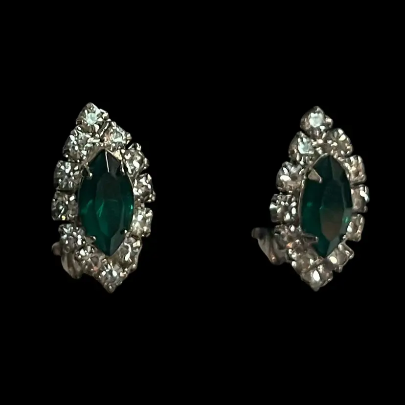 #J75 - Vintage Green & Clear Rhinestone Silver Tone  Clip On Earrings