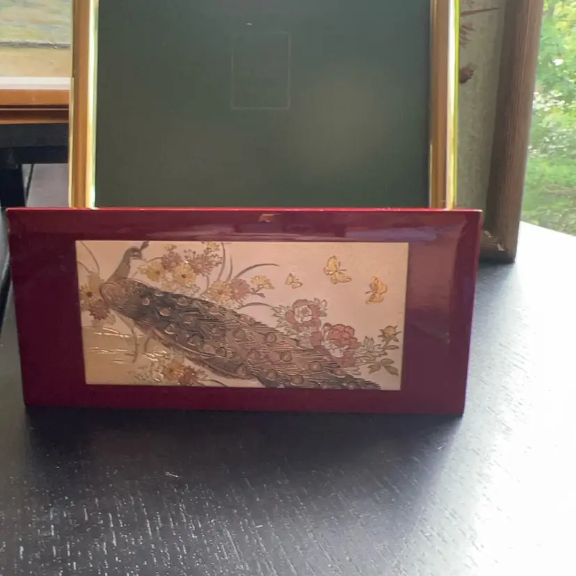 Vintage Chinese Wood Lacquer And Metal Embossed Peacock Music Box 7” x 3”