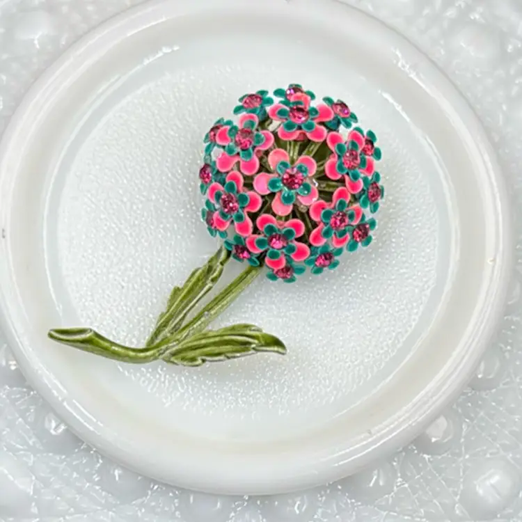 #01 Vintage Pink Enamel With Rhinestones Flower Brooch 1940s