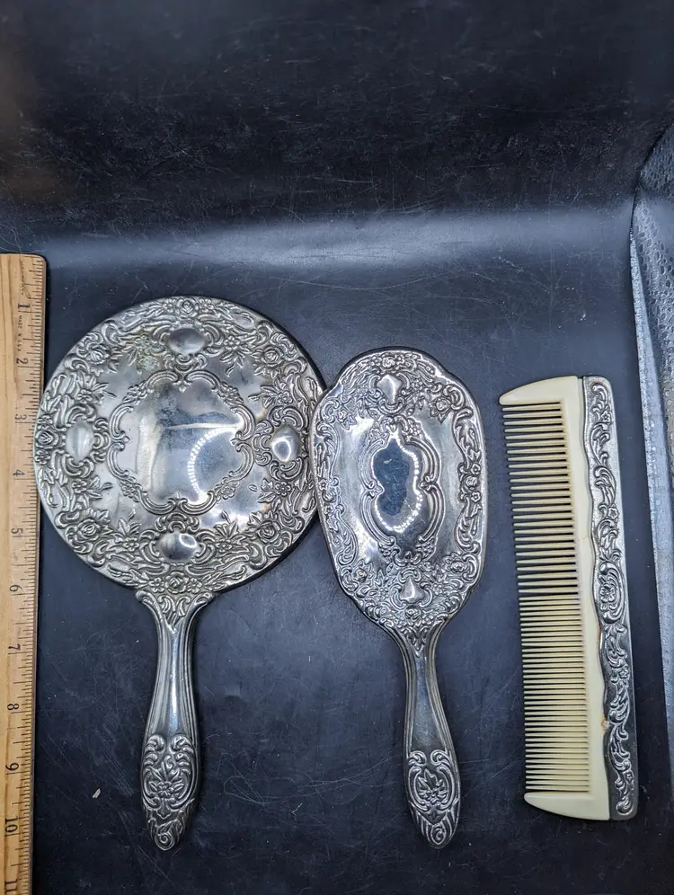 Vintage Silver Plated Vanity Set with Mirror, Brush, and Comb Hong Kong