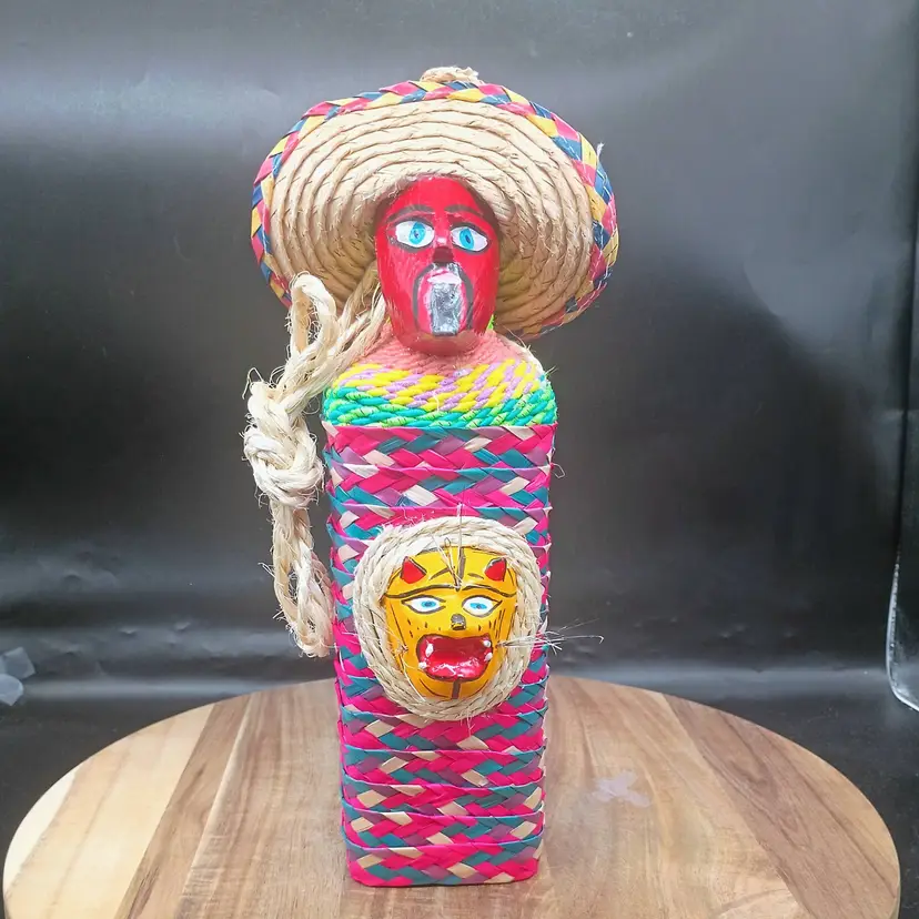 Mexican Woven Palm Bottle Cover Folk Art Handmade Jaguar and Devil Head Sombrero.