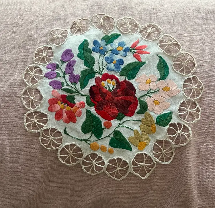 Hungarian Kalosca Hand Embroidered Doily Lace Floral Colorful