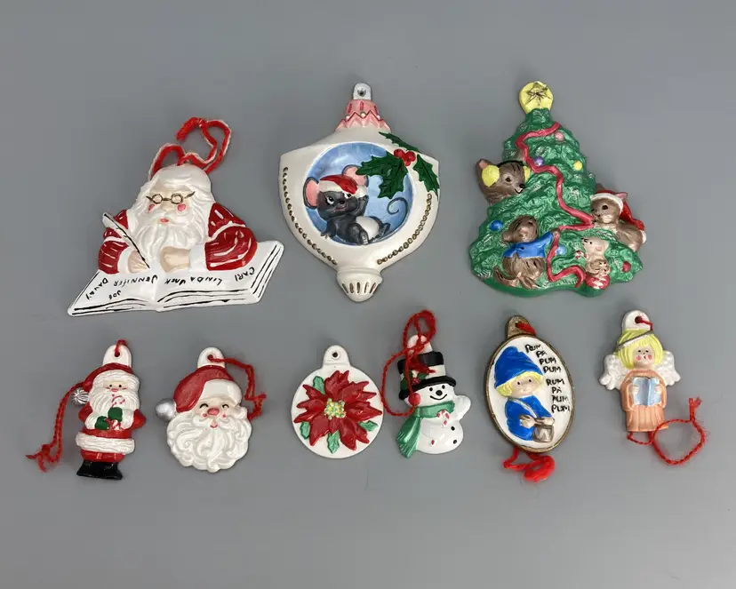 Lot of 9 Plaster Hand Painted Christmas Ornaments - Vintage
