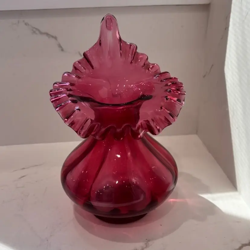 Fenton Cranberry Jack In The Pulpit Vase -8” Tall - Ruffled Crimped Edge