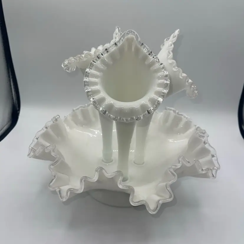 Fenton 3 Horn Epergne Milk Glass Silver Crest Vase 10.5” Vintage Milk Glass