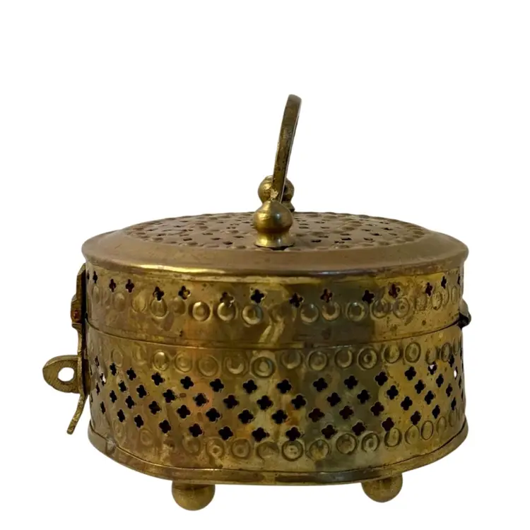 Vintage Brass Cricket Box Jewelry Incense Ornate Chest Footed w/ Handle 5.25 T x 4.75”