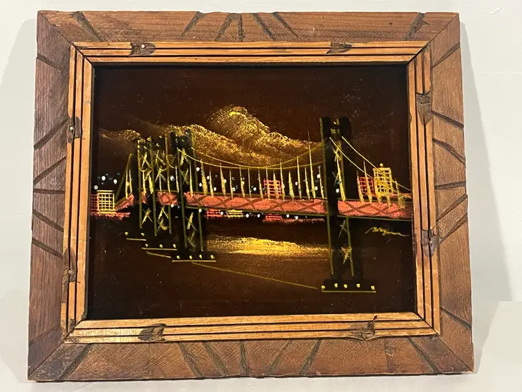 Signed Vintage Mexican Velvet Painting Bridge Mountain City Scene 1970s