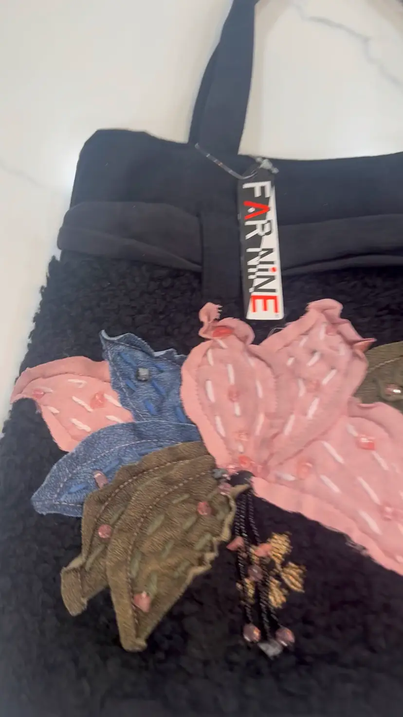 Far Nine Black Tote Bag Purse With Floral Design Teddy Bear Style Gift