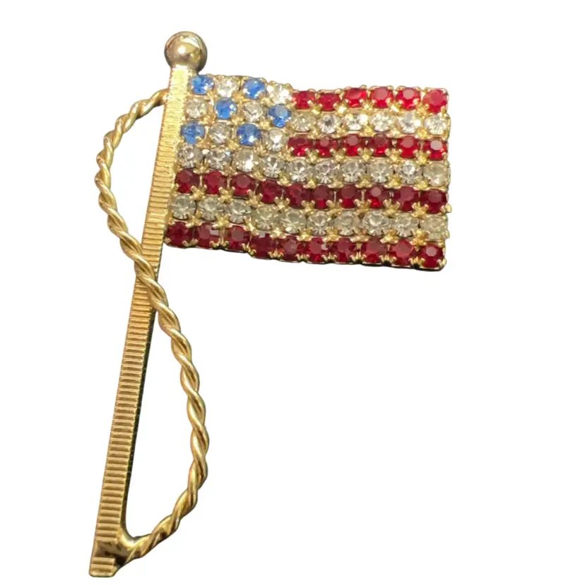 Vintage American Flag Gold Tone Enamel And Rhinestones Brooch Red White And Blue Memorial Day, Flag, USA, Patriotic 1” Wide