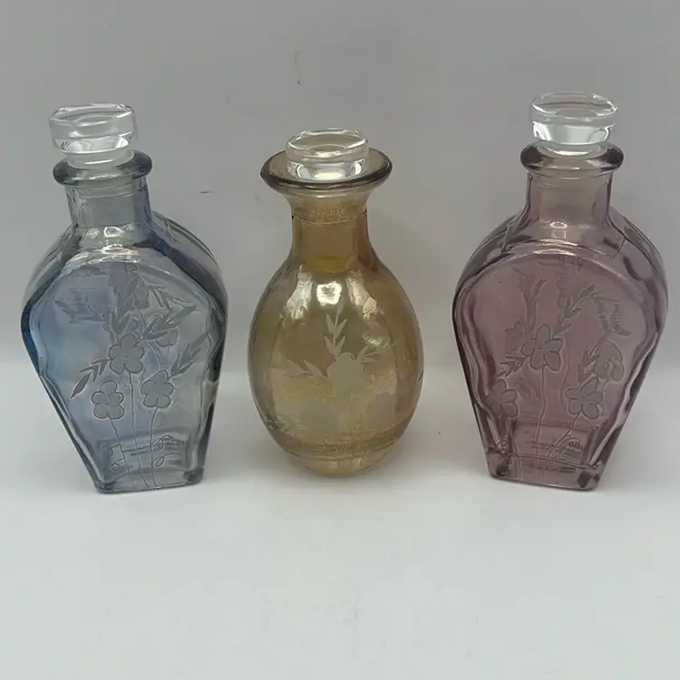Set Of 3 Vintage Studio Crystal Perfume Bottles With Stoppers, 4-1/“ Tall To 5” Tall