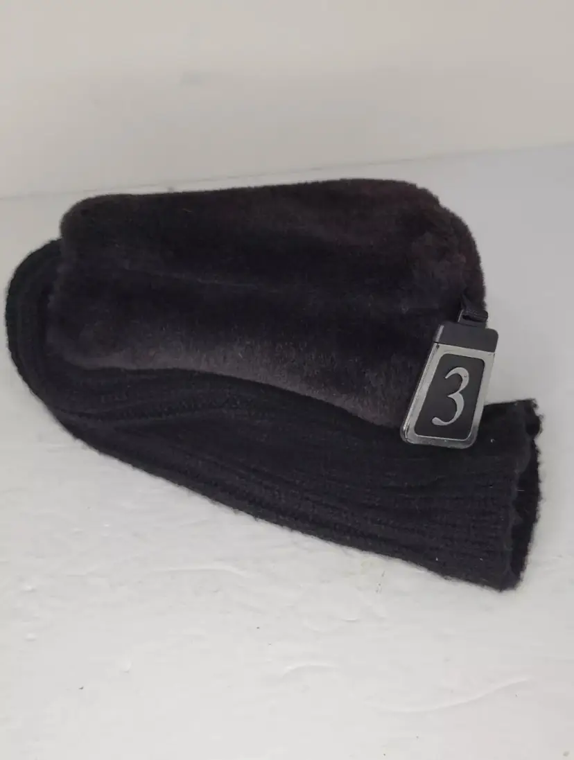 Black Fuzzy Golf Club Head Acrylic Knit Sock Cover Plush Plastic Hang Tag #3